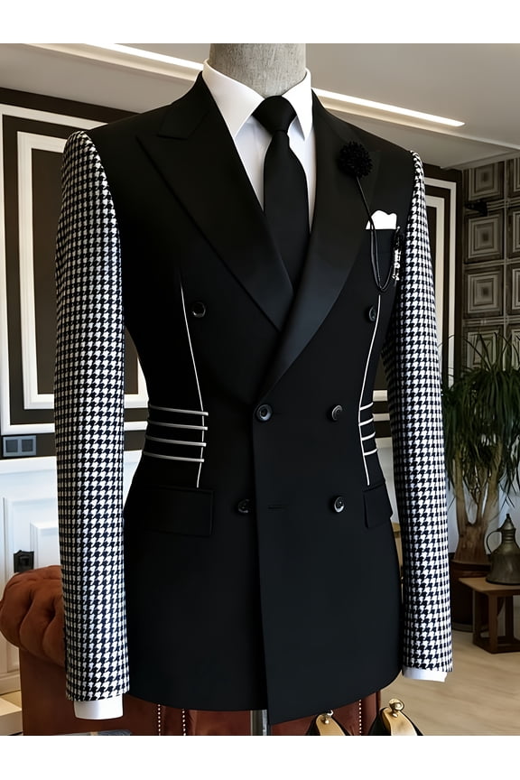 Men Solid Black Double Breasted Tuxedo Blazer Houndstooth Plaid Sleeve Satin Peak Lapel Formal Suit Jacket