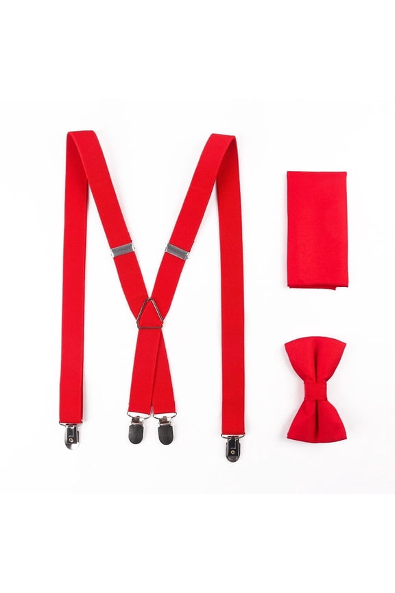 Men Solid Bow tie Y-Shape Suspender Brace Handkerchief Pocket Square Wedding Set