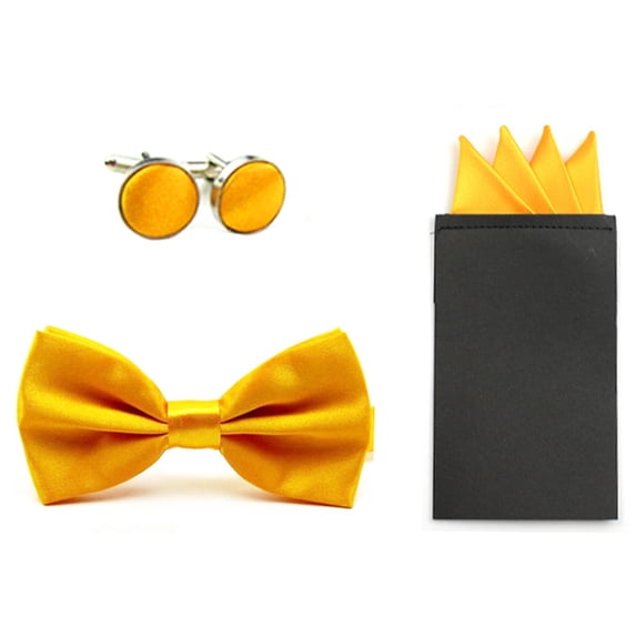 Men Solid Bowtie 4 Fold Pre-folded Pocket Square Handkerchief Hanky Cufflink Set