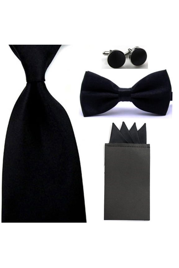Men Solid Bowtie 8cm Necktie Pre-folded 4 Folds Hanky Pocket Square Cufflink Set