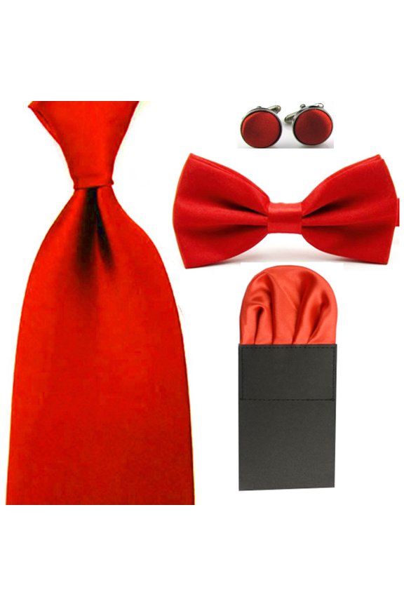 Men Solid Bowtie 8cm Neckties Pre-Folded Puff Pocket Square Hanky Cufflinks Set