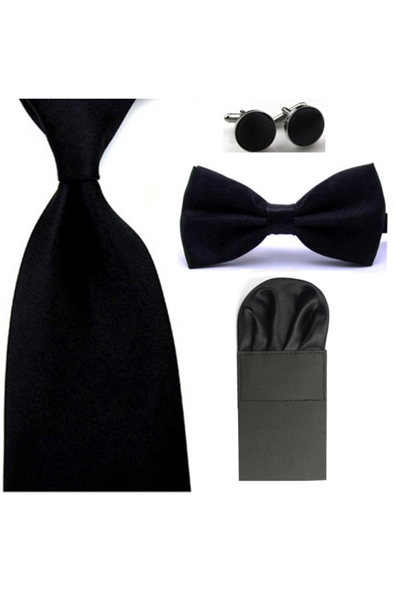 Men Solid Bowtie 8cm Neckties Pre-Folded Puff Pocket Square Hanky Cufflinks Set