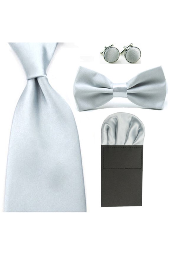 Men Solid Bowtie 8cm Neckties Pre-Folded Puff Pocket Square Hanky Cufflinks Set