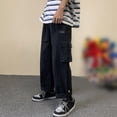 thumbnail image 1 of Men Solid Cargo Pants Straight Cylinder Loose Leg Waist Drawcord Street Trousers, 1 of 11