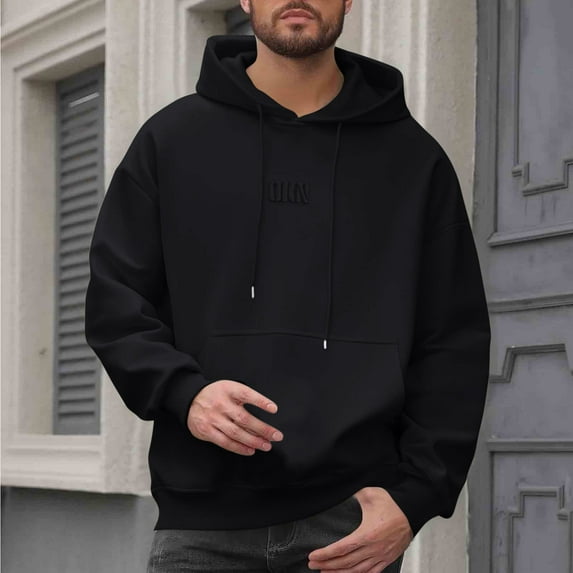 Men Solid Color Basic Hoodies Drawstring Fashion Sports Loose Pullover Hooded Sweatshirts with Pockets Activewear Tops for Men Trendy Fall Black 3XL