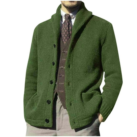 Men Solid Color Cardigan Knitted Button Up Sweater Long Sleeve Shawl Collar Tops for Everyday Wear Green 2XL