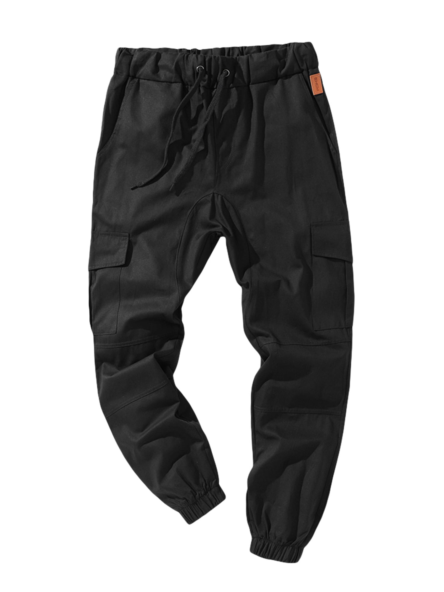 Men Solid Color Cargo Trousers, Loose Fit Drawstring Waist Long Pants