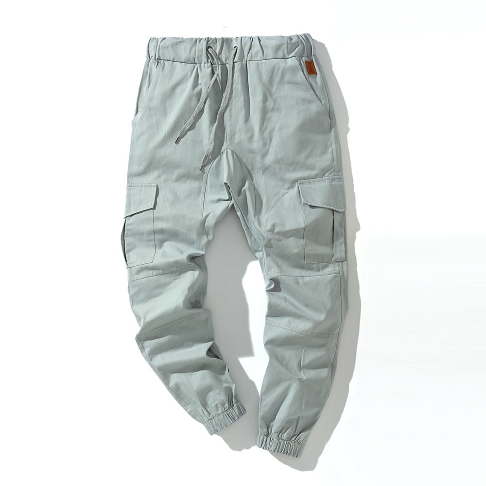 Men Solid Color Cargo Trousers With Pockets, Loose Fit Drawstring Waist Long Pants For Spring, Autumn Men Solid Color Cargo Trousers With Pockets, Loose Fit Drawstring Waist Long Pants For Spring, Autumn