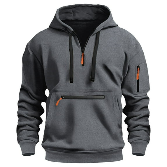 Men Solid Color Casual Fashion Long Sleeve Zipper Multiple Pockets Pullover Top Hooded Hoodie