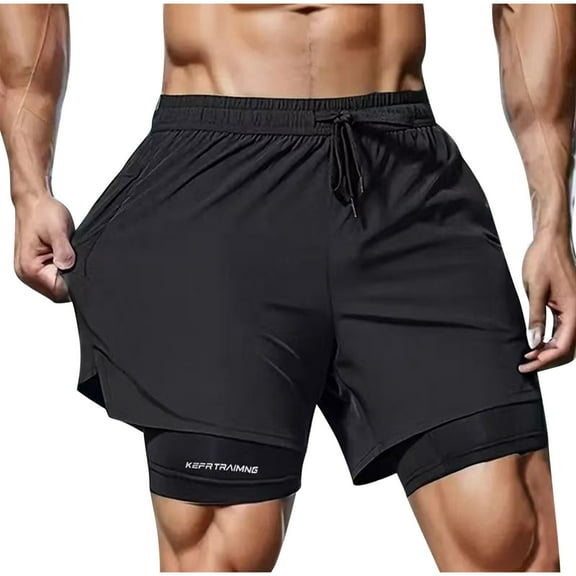 Men Solid Color Casual Shorts Workout Gym 2-in-1 Pants Drawstring Double Layer Exercise Pants