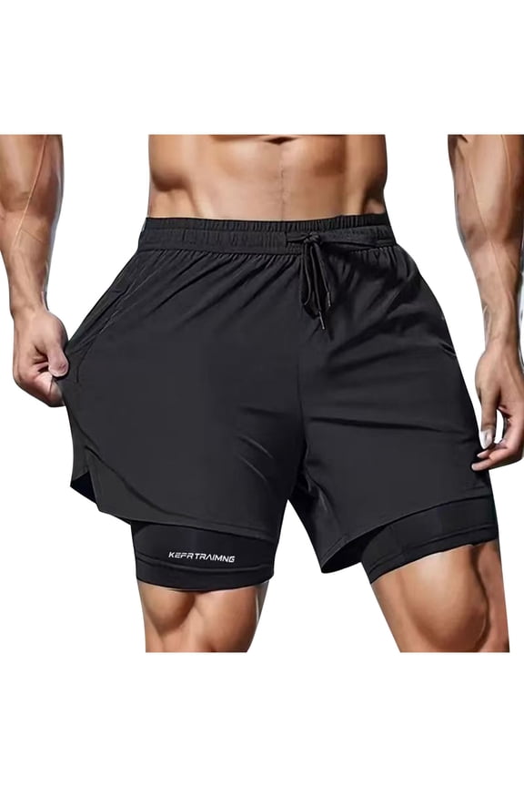 Men Solid Color Casual Shorts Workout Gym 2-in-1 Pants Drawstring Double Layer Exercise Pants