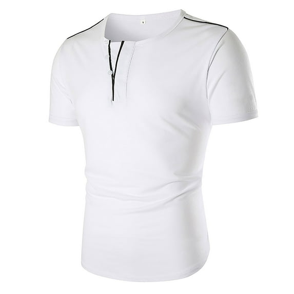 Men Solid Color Crew Neck Zipper Short Sleeve Tops Classic Basiclayer T-Shirt Pullover Blouses