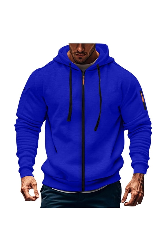 Men Solid-Color Full Zipper Hoodies Vintage Workout Outwear Coats Drawstring Casual Sports Long Sleeve Cardigan Hooded Sweatshirt Blue S