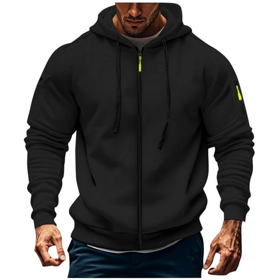 Men Solid-Color Full Zipper Hoodies Vintage Workout Outwear Coats Drawstring Casual Sports Long Sleeve Cardigan Hooded Sweatshirt Mens Jeans Trendy Fall Black L