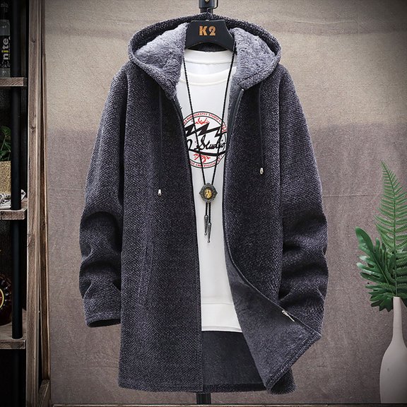 Men Solid Color Hooded Jacket Windbreaker Mid-length Casual Coat