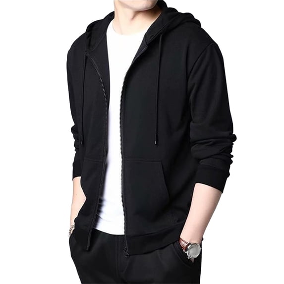 Men Solid Color Jacket Spring Autumn Men Coat Hooded Drawstring Zipper Closure Solid Color Elastic Cuffs Loose Sport Coat Thick Plush for Various