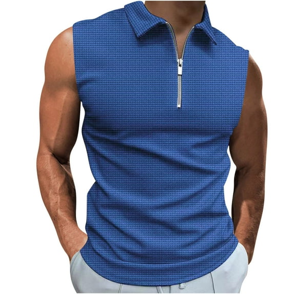 Men Solid Color Lapel Zip Sleeveless Muscle Shirts Athletic Polo Shirt Summer Combat Outdoor Fitness Casual Vest