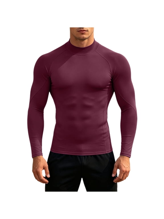 Men Solid Color Neck Compression Long Sleeve Shirt, Slim Fit Stretchy Athletic Base Layer Top for Gym Running Workout Daily Casual Wear(,XXL)