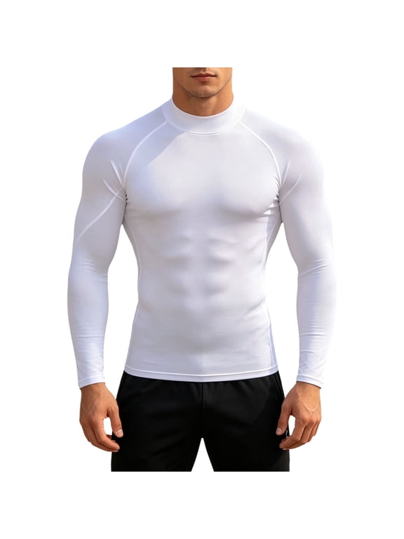 Men Solid Color Mock Neck Compression Long Sleeve Shirt, Slim Fit Stretchy Athletic Base Layer Top for Gym Running Workout Daily Casual Wear(White,M)