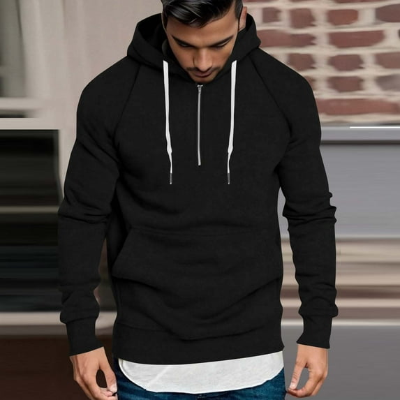 Men Solid Color Pocket Hooded Drawstring Half-Zipper Top Pullover Sports Jacket Hooded Sweatshirts