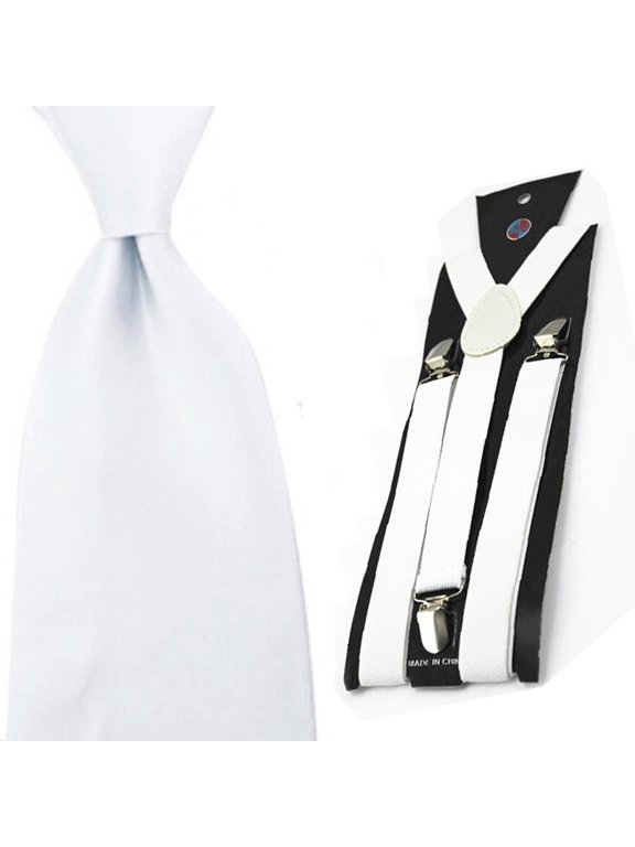 Men Solid Color Satin 8cm Wide Tie Necktie Y-shape Elastic Suspender Braces Set