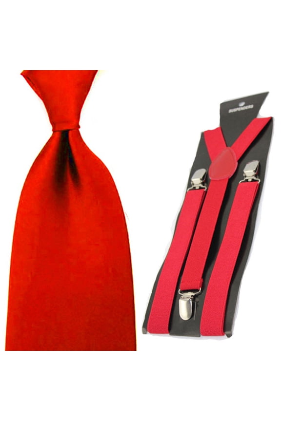 Men Solid Color Satin 8cm Wide Tie Necktie Y-shape Elastic Suspender Braces Set