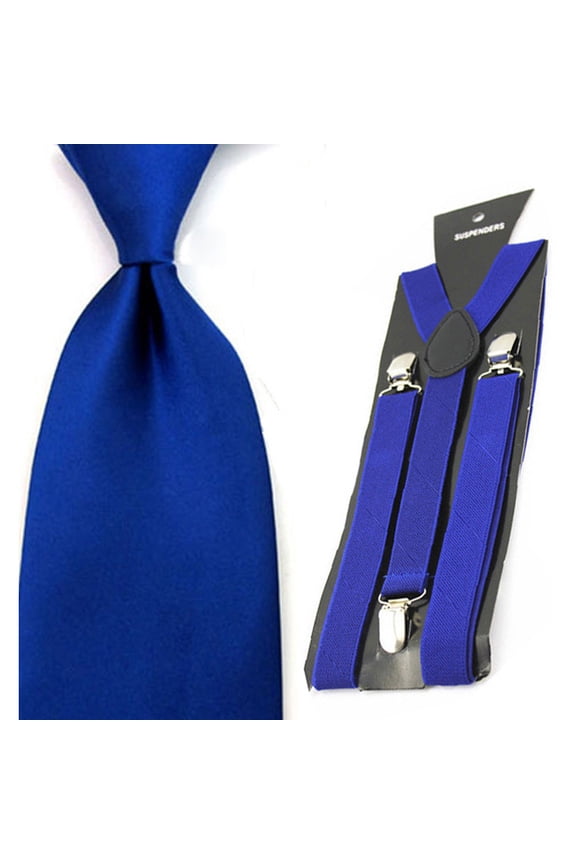 Men Solid Color Satin 8cm Wide Tie Necktie Y-shape Elastic Suspender Braces Set