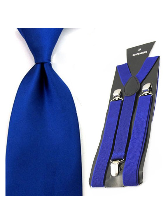 Men Solid Color Satin 8cm Wide Tie Necktie Y-shape Elastic Suspender Braces Set