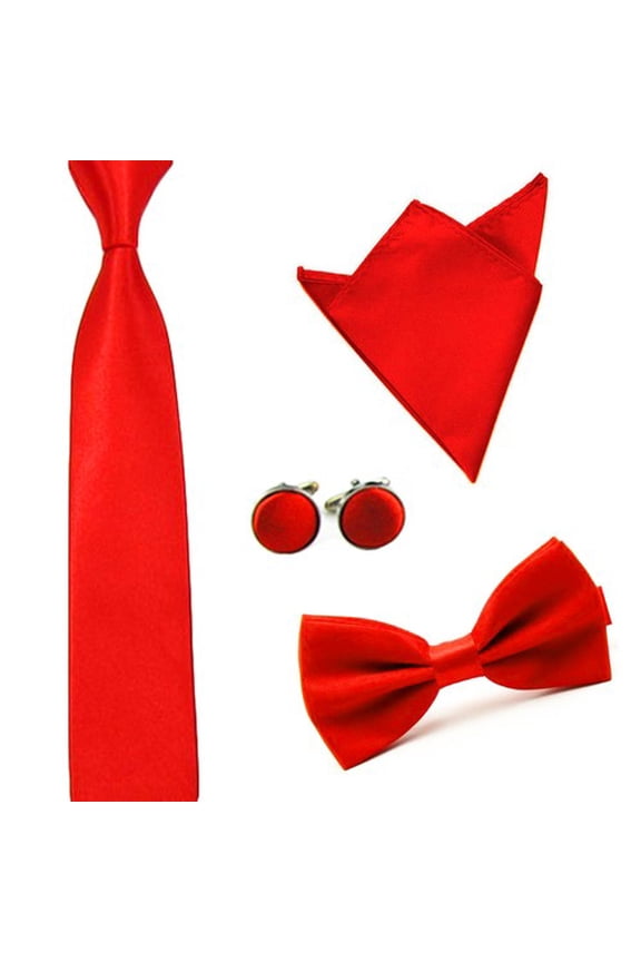 Men Solid Color Satin Bow Tie Necktie Handkerchief Pocket Square Cuff Link Set