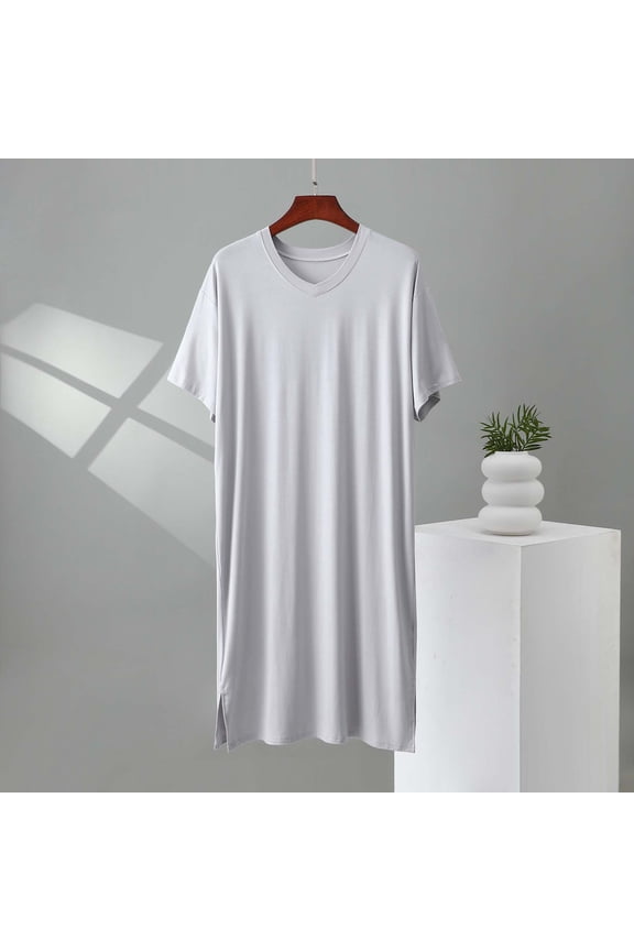 Men Solid Color Short Sleeve V-Neck Bathrobe Nightgown, Loose Oversized Fit Soft Breathable Full Length Casual Home Sleep Loungewear Wrap Robe Silver XL
