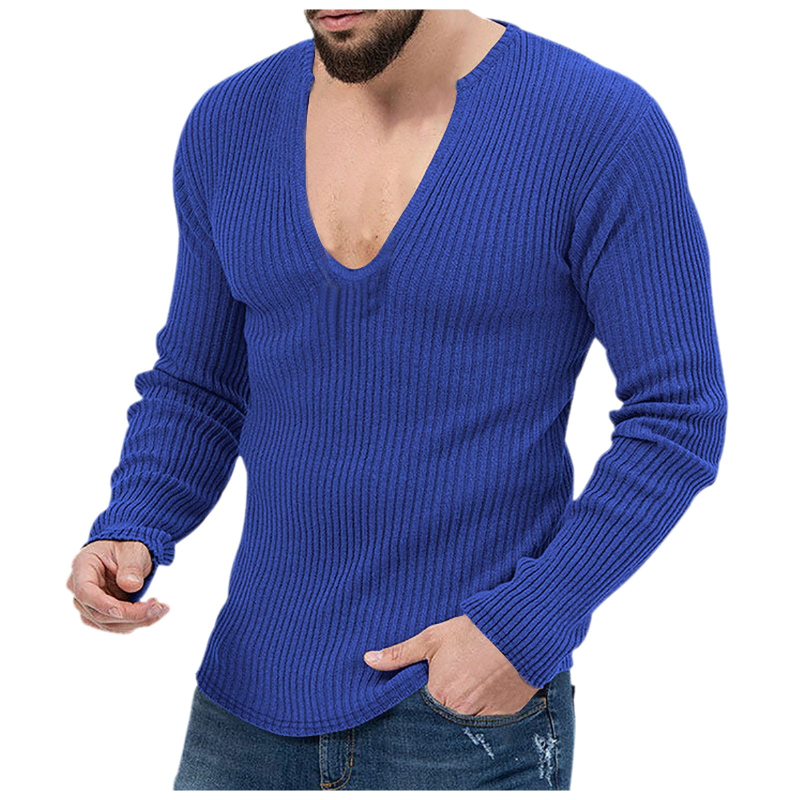 Men Solid Color V Neck Thin Knit Long Sleeved T Shirt European And