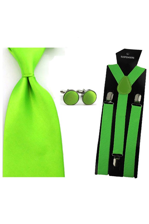 Men Solid Color Wide 8cm Neck Tie Stretch Y-shape Braces Suspender Cufflinks Set