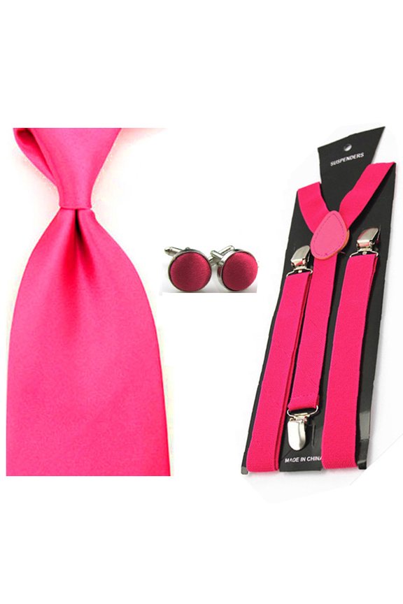 Men Solid Color Wide 8cm Neck Tie Stretch Y-shape Braces Suspender Cufflinks Set