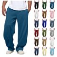 thumbnail image 1 of Men Solid Color Wide Leg Sweatpants Elastic Drawstring Waist Loose Pocketed Casual Trousers Autumn Daily Wear, 1 of 6