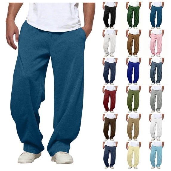 Men Solid Color Wide Leg Sweatpants Elastic Drawstring Waist Loose Pocketed Casual Trousers Autumn Daily Wear