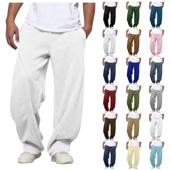 Men Solid Color Wide Leg Sweatpants Elastic Drawstring Waist Loose Pocketed Casual Trousers Autumn Daily Wear