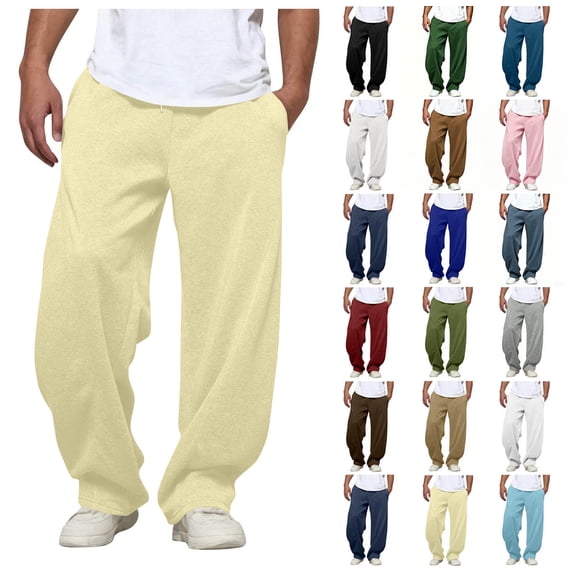 Men Solid Color Wide Leg Sweatpants Elastic Drawstring Waist Loose Pocketed Casual Trousers Autumn Daily Wear