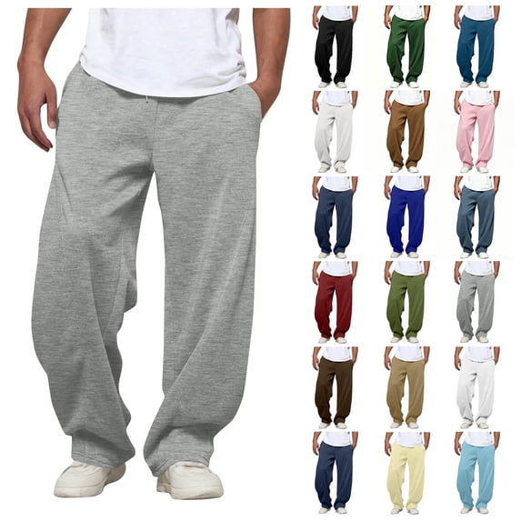 Men Solid Color Wide Leg Sweatpants Elastic Drawstring Waist Loose Pocketed Casual Trousers Autumn Daily Wear