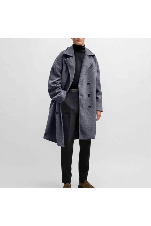 Men Solid-Color Woolen Mid Length Button Casual Fashion Pocket Long Sleeve Hooded Trench Coat Anoraks