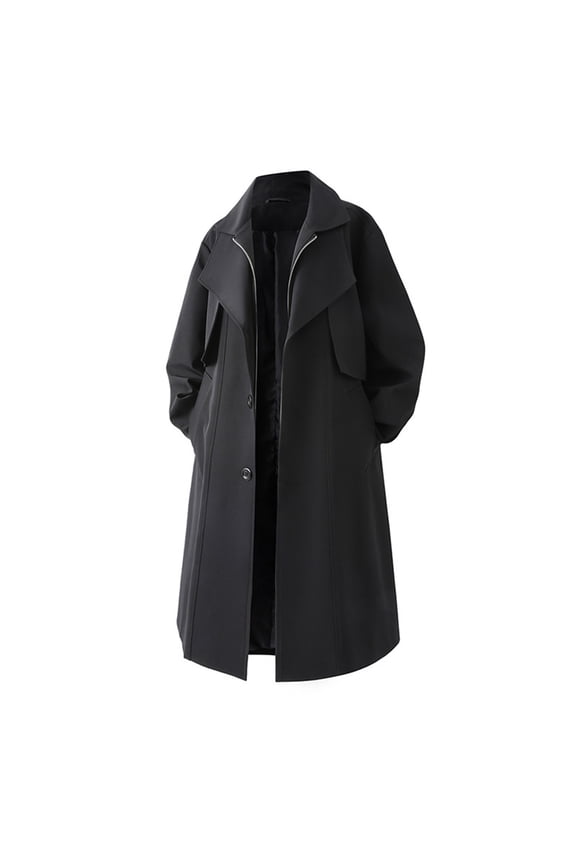 Men Solid-Color Woolen Mid Length Button Zipper Casual Fashion Pocket Long Sleeve Hooded Trench Coat Anoraks