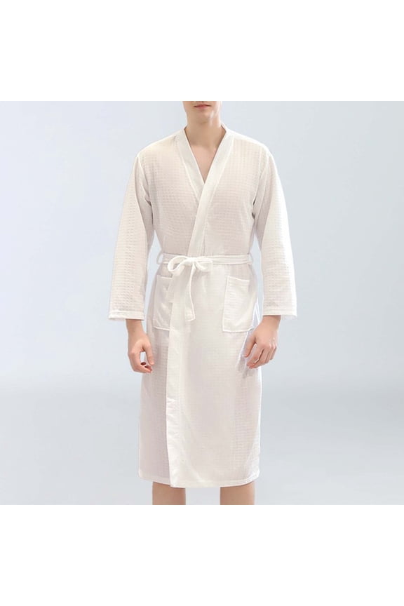 Men Solid Color Yukata Style Home Robe with Pocket and Tie Belt