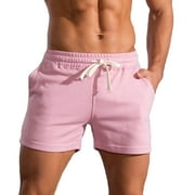 Men Solid Cotton Three-Point Pants Sports Elastic Mid-Waist Drawstring Workout Lace-Up Shorts（Pink,S）