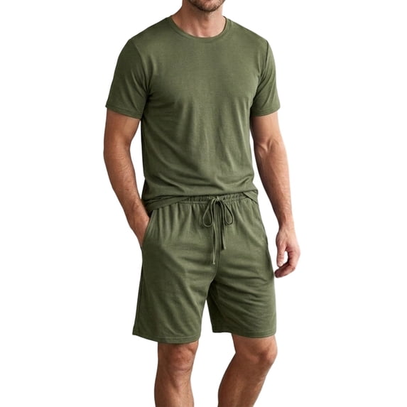 Men Solid Crew Neck Short Sleeve Tee & Drawstring Pocket Shorts 2 Piece Casual Summer Tracksuit Dark Green XL