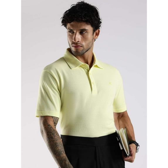 Men Solid Lemon Yellow Cotton Polo with Embroidered Logo and Collar Stand