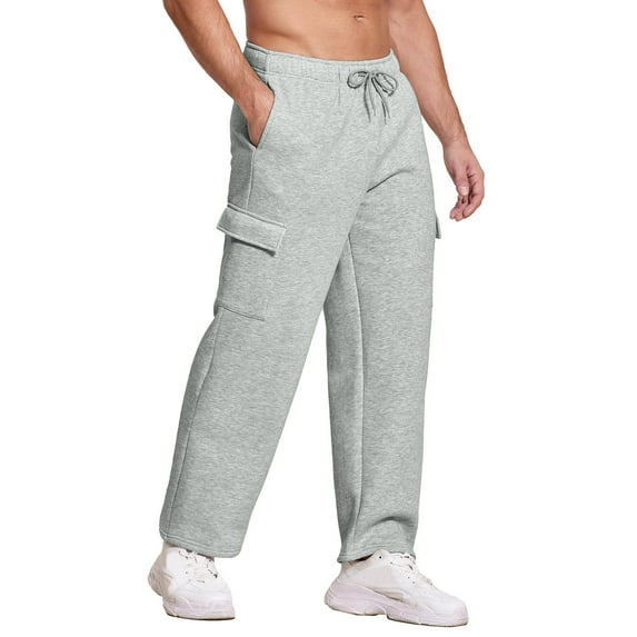 Men Solid Loose Fit Sweatpants, Multi-Pocket Straight Leg Lounge Running Pants, Athletic Sports Track Sweatpants