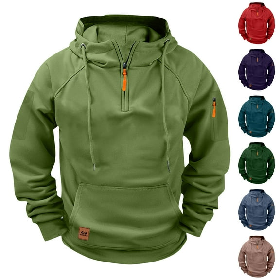 Men Solid Raglan Pullover Multiple Pockets Half Zipper Sport Hoodie Hoodie Coat