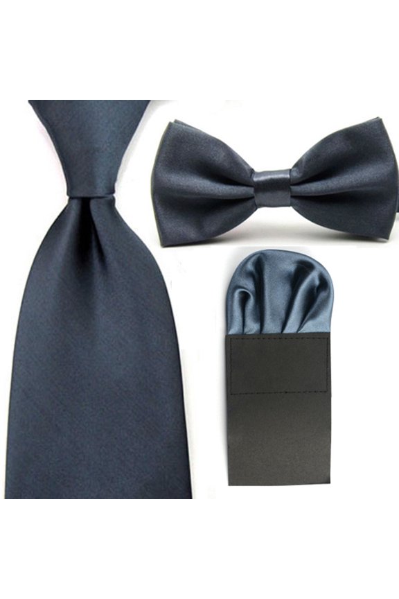 Men Solid Satin Bowtie 8cm Necktie Ties Pre-Folded Puff Pocket Square Hanky Set
