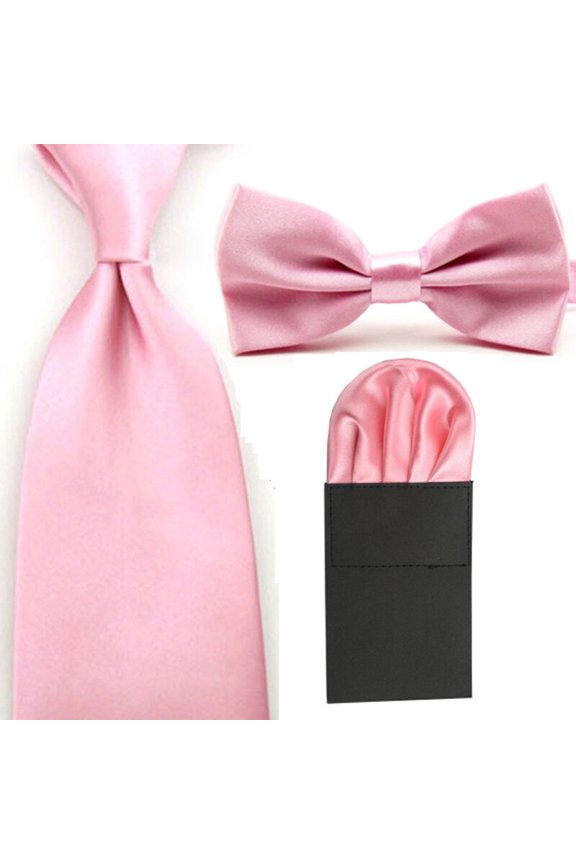 Men Solid Satin Bowtie 8cm Necktie Ties Pre-Folded Puff Pocket Square Hanky Set