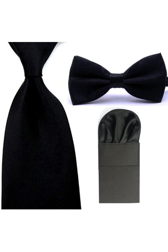 Men Solid Satin Bowtie 8cm Necktie Ties Pre-Folded Puff Pocket Square Hanky Set