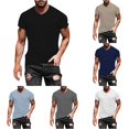 thumbnail image 1 of Men Solid V Neck Short Sleeve Fashion Trend Bottoming Shirt Casual Basic Tennis Tee, 1 of 8